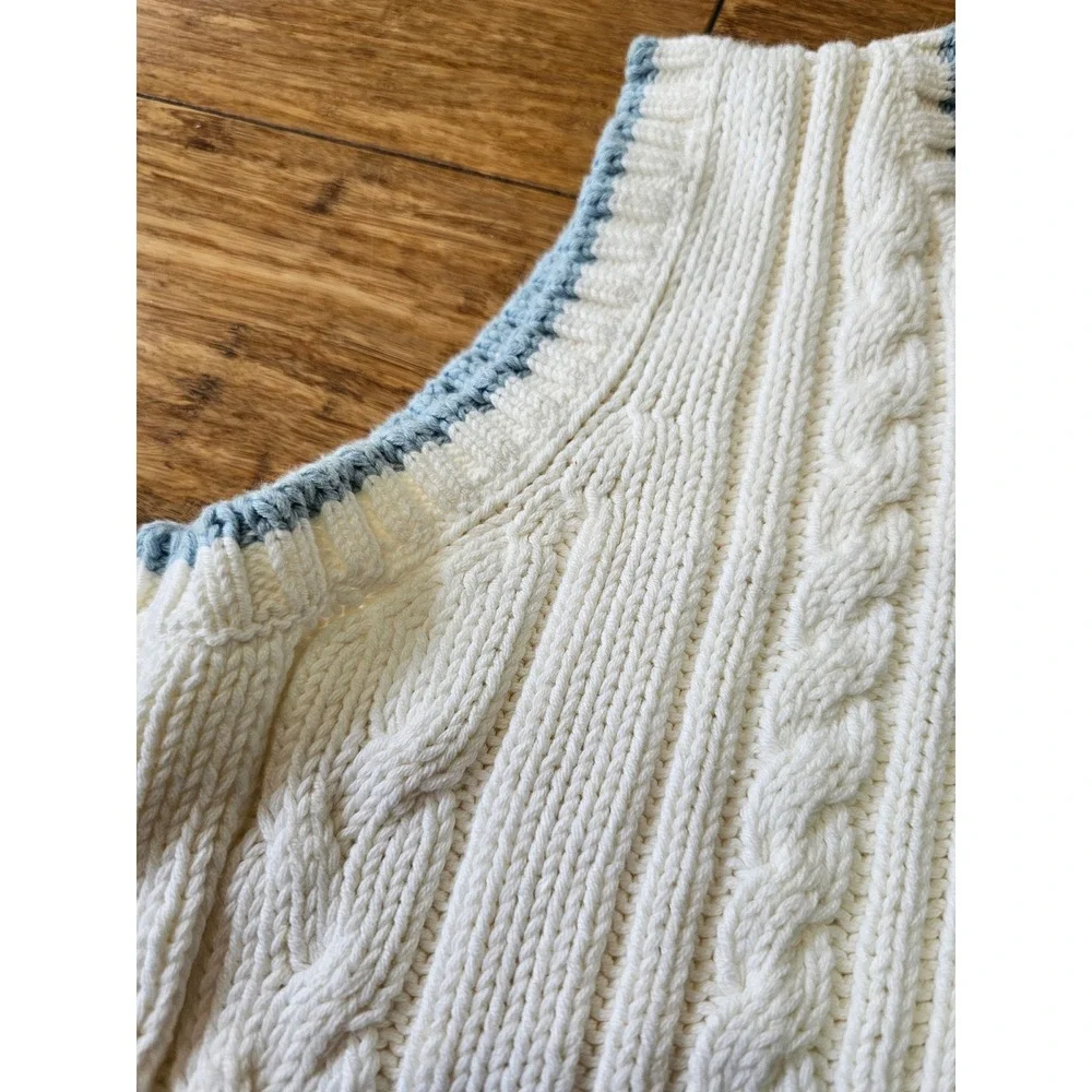 White + Warren‎ Cable Knit Sweater Vest Women S Cream Preppy Tennis Striped